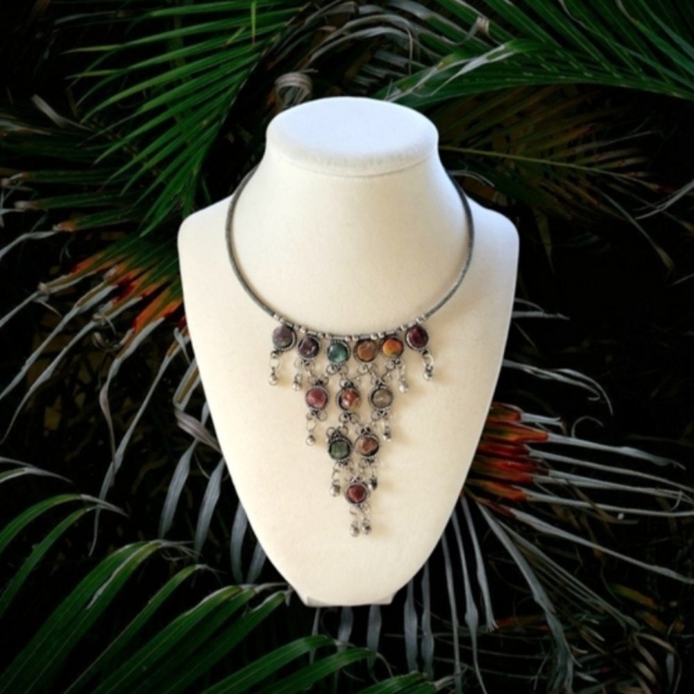 ✨️HP✨️Pretty Boho Multicolor Natural Agate Beaded Wire Wrap Statement Necklace